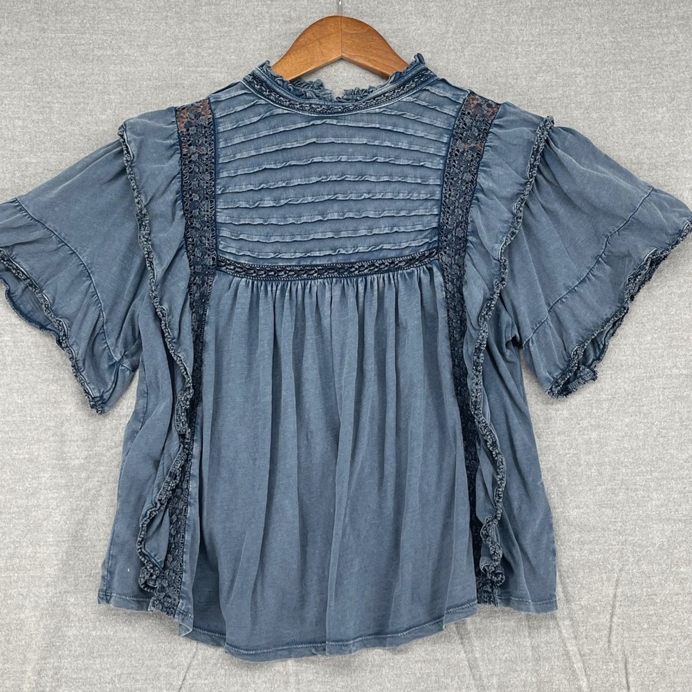 Free People Blue Lace Pintuck Ruffle Short Sleeve Boho Blouse S Wesern Cottage